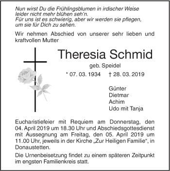 Traueranzeige von Theresia Schmid von SÜDWEST PRESSE Ausgabe Ulm/Neu-Ulm