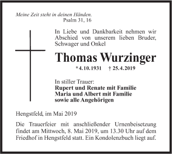 Traueranzeige von Thomas Wurzinger von Hohenloher Tagblatt