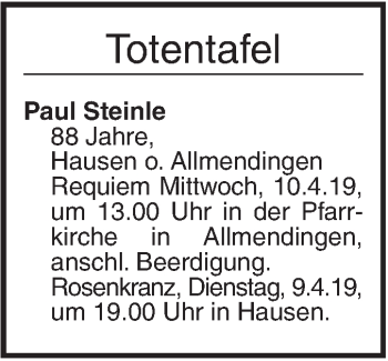 Traueranzeige von Totentafel vom 06.04.2019 von Ehinger Tagblatt