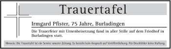 Traueranzeige von Totentafel vom 09.04.2019 von Hohenzollerische Zeitung