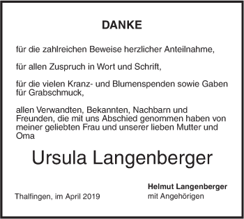 Traueranzeige von Ursula Langenberger von SÜDWEST PRESSE Ausgabe Ulm/Neu-Ulm