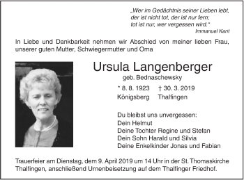 Traueranzeige von Ursula Langenberger von SÜDWEST PRESSE Ausgabe Ulm/Neu-Ulm