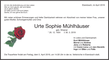 Traueranzeige von Urte Sophie Mühlhäuser von NWZ Neue Württembergische Zeitung