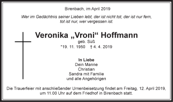 Traueranzeige von Veronika Vroni Hoffmann von NWZ Neue Württembergische Zeitung