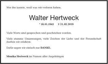 Traueranzeige von Walter Hertweck von Hohenloher Tagblatt