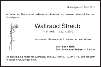 Traueranzeige von Waltraud Straub von NWZ Neue Württembergische Zeitung