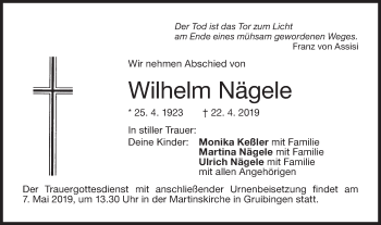 Traueranzeige von Wilhelm Nägele von NWZ Neue Württembergische Zeitung