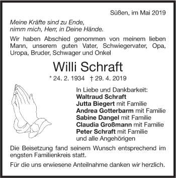 Traueranzeige von Willi Schraft von NWZ Neue Württembergische Zeitung