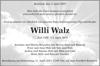 Traueranzeige von Willi Walz von Alb-Bote/Metzinger-Uracher Volksblatt