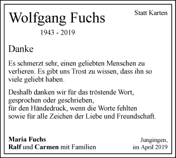 Traueranzeige von Wolfgang Fuchs von SÜDWEST PRESSE Ausgabe Ulm/Neu-Ulm