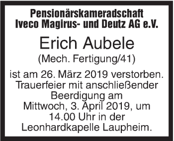 Traueranzeige von Erich Aubele von  SÜDWEST PRESSE AUSGABE ULM/NEU-ULM