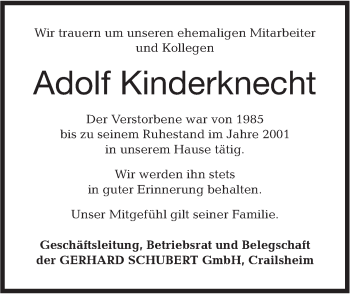 Traueranzeige von Adolf Kinderknecht von Hohenloher Tagblatt