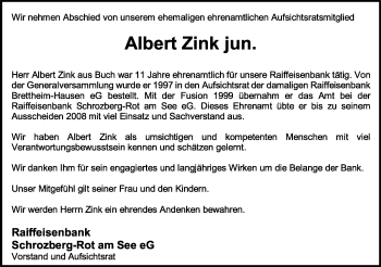 Traueranzeige von Albert Zink von Hohenloher Tagblatt