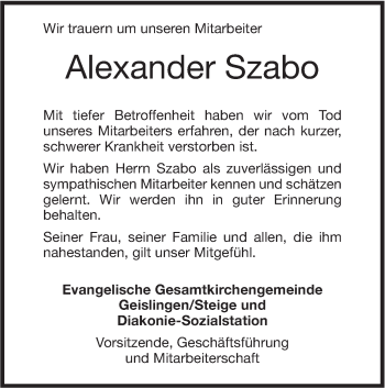 Traueranzeige von Alexander Szabo von Geislinger Zeitung