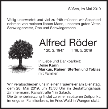 Traueranzeige von Alfred Röder von NWZ Neue Württembergische Zeitung