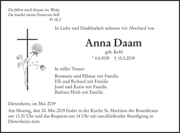 Traueranzeige von Anna Daam von Illertal Bote