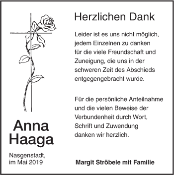 Traueranzeige von Anna Haaga von Ehinger Tagblatt