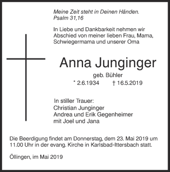 Traueranzeige von Anna Junginger von SÜDWEST PRESSE Ausgabe Ulm/Neu-Ulm