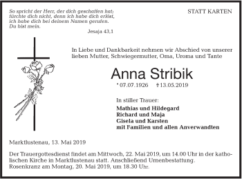 Traueranzeige von Anna Stribik von Hohenloher Tagblatt