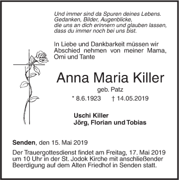 Traueranzeige von Anna Maria Killer von SÜDWEST PRESSE Ausgabe Ulm/Neu-Ulm