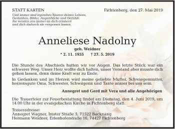 Traueranzeige von Anneliese Nadolny von Rundschau Gaildorf