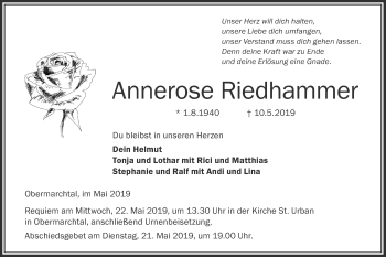 Traueranzeige von Annerose Riedhammer von Ehinger Tagblatt