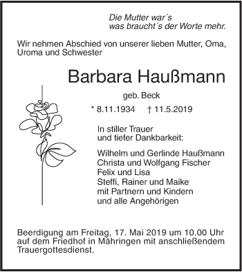 Traueranzeige von Barbara Haußmann von SÜDWEST PRESSE Ausgabe Ulm/Neu-Ulm