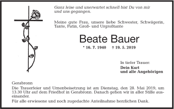 Traueranzeige von Beate Bauer von Hohenloher Tagblatt