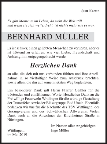 Traueranzeige von Bernhard Müller von Metzinger-Uracher Volksblatt