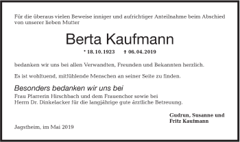 Traueranzeige von Berta Kaufmann von Hohenloher Tagblatt