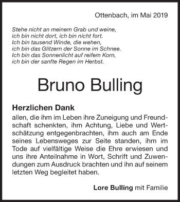 Traueranzeige von Bruno Bulling von NWZ Neue Württembergische Zeitung