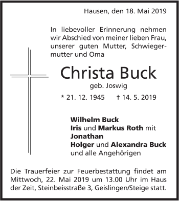 Traueranzeige von Christa Buck von Geislinger Zeitung