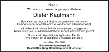 Traueranzeige von Dieter Kaufmann von SÜDWEST PRESSE Ausgabe Ulm/Neu-Ulm