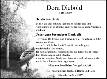 Traueranzeige von Dora Diebold von Hohenzollerische Zeitung