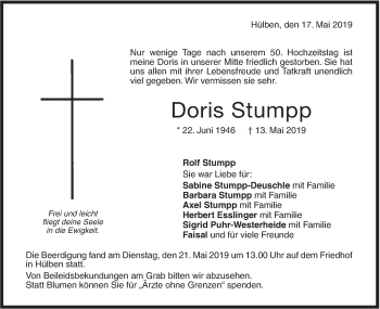 Traueranzeige von Doris Stumpp von Metzinger-Uracher Volksblatt