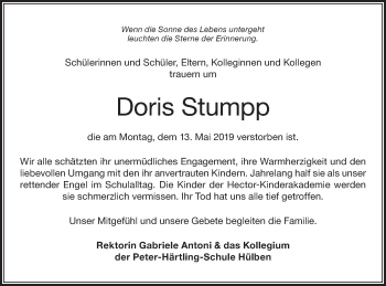 Traueranzeige von Doris Stumpp von Metzinger-Uracher Volksblatt