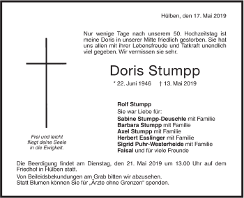 Traueranzeige von Doris Stumpp von Metzinger-Uracher Volksblatt