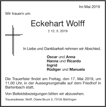 Traueranzeige von Eckehart Wolff von NWZ Neue Württembergische Zeitung