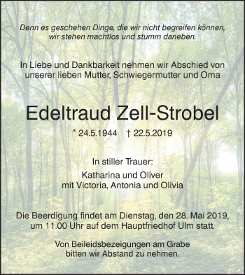 Traueranzeige von Edeltraud Zell-Strobel von SÜDWEST PRESSE Ausgabe Ulm/Neu-Ulm