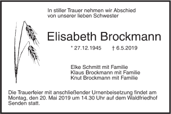 Traueranzeige von Elisabeth Brockmann von SÜDWEST PRESSE Ausgabe Ulm/Neu-Ulm