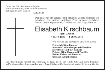 Traueranzeige von Elisabeth Kirschbaum von Hohenloher Tagblatt