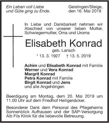 Traueranzeige von Elisabeth Konrad von Geislinger Zeitung