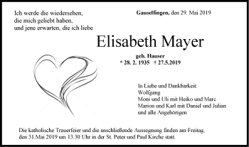 Traueranzeige von Elisabeth Mayer von Hohenzollerische Zeitung