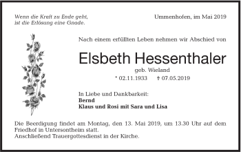 Traueranzeige von Elsbeth Hessenthaler von Haller Tagblatt