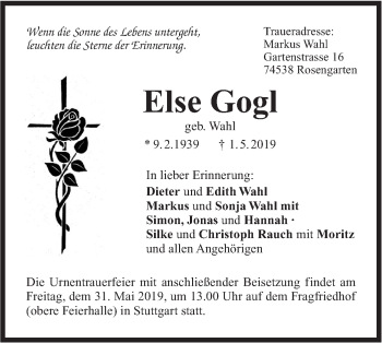 Traueranzeige von Else Gogl von Haller Tagblatt