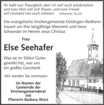 Traueranzeige von Else Seehafer von Alb-Bote/Metzinger-Uracher Volksblatt