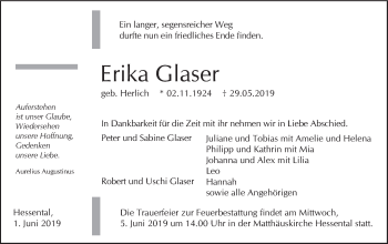 Traueranzeige von Erika Glaser von Haller Tagblatt