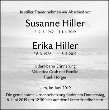 Traueranzeige von Erika Hiller von SÜDWEST PRESSE Ausgabe Ulm/Neu-Ulm