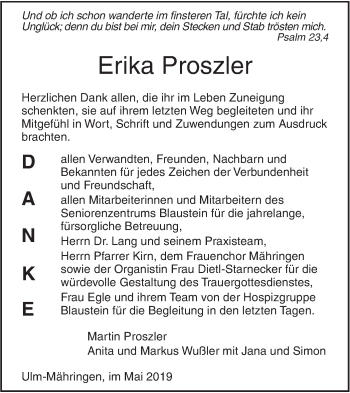 Traueranzeige von Erika Proszler von SÜDWEST PRESSE Ausgabe Ulm/Neu-Ulm