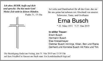 Traueranzeige von Erna Busch von Hohenloher Tagblatt